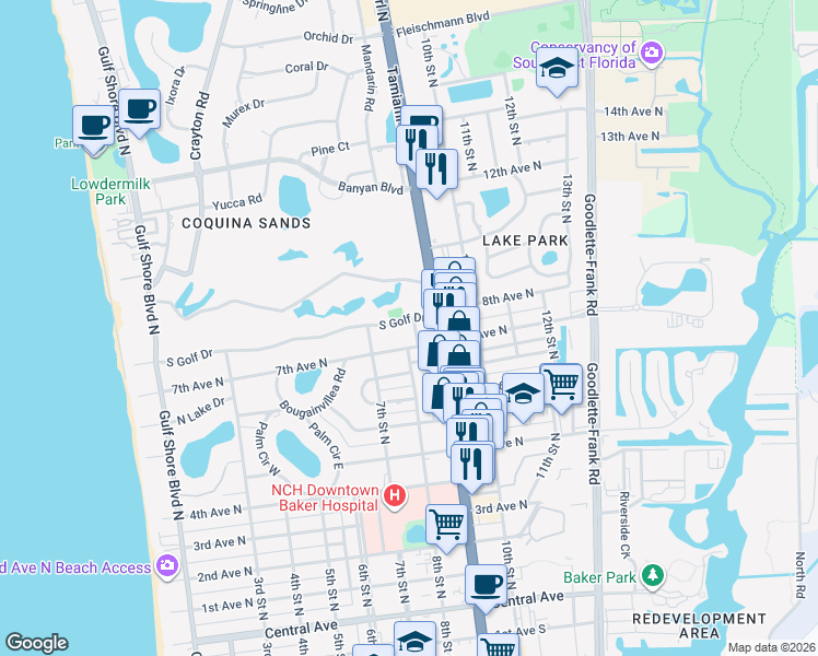 map of restaurants, bars, coffee shops, grocery stores, and more near 800 South Golf Drive in Naples