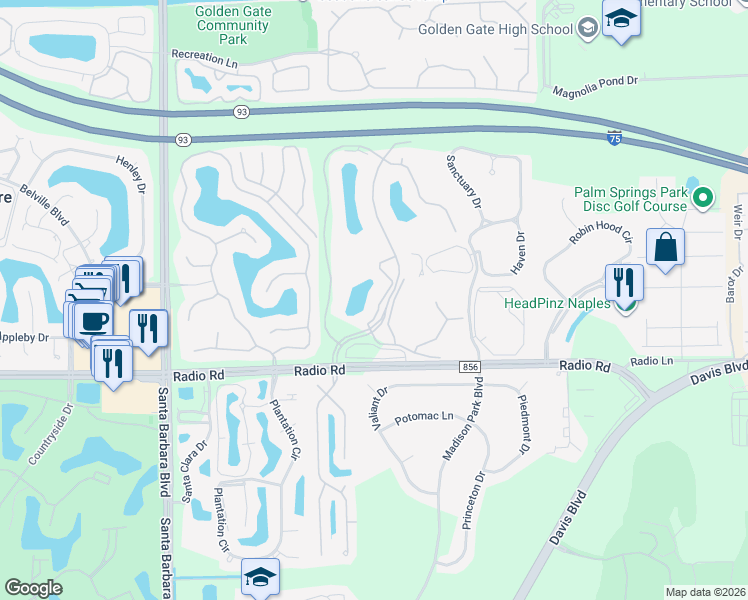 map of restaurants, bars, coffee shops, grocery stores, and more near 185 Gabriel Circle in Naples