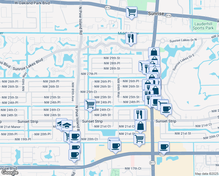 map of restaurants, bars, coffee shops, grocery stores, and more near 8520 Northwest 26th Street in Sunrise