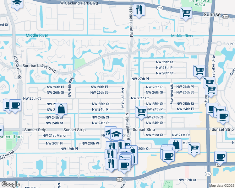 map of restaurants, bars, coffee shops, grocery stores, and more near 8960 Northwest 26th Street in Sunrise