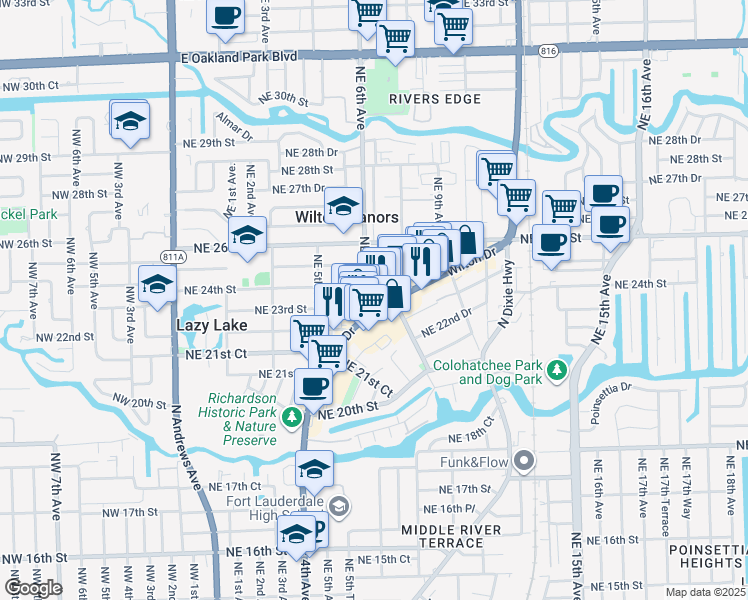 map of restaurants, bars, coffee shops, grocery stores, and more near 2263 Wilton Drive in Wilton Manors