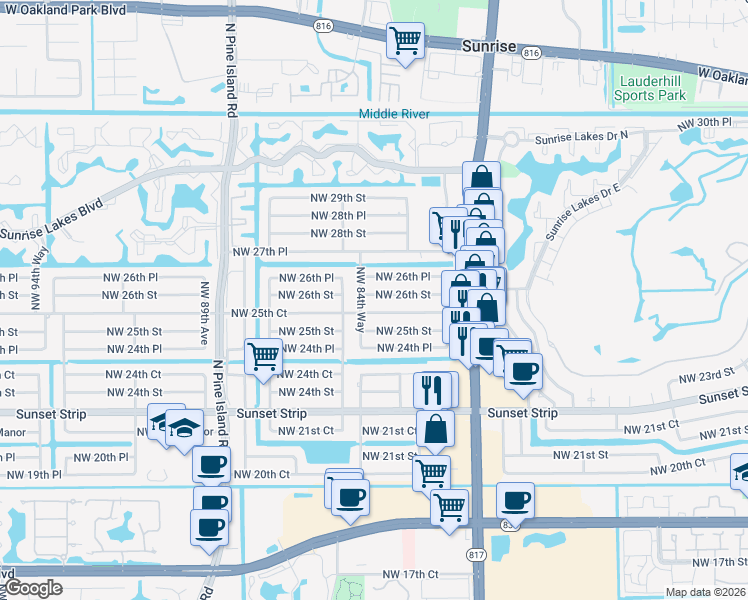 map of restaurants, bars, coffee shops, grocery stores, and more near 8481 Northwest 25th Court in Sunrise