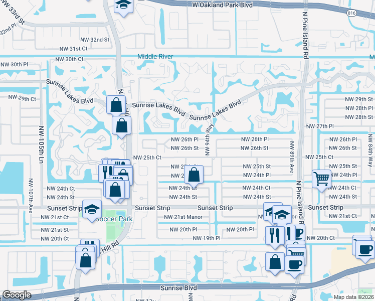 map of restaurants, bars, coffee shops, grocery stores, and more near 9592 Northwest 26th Street in Sunrise