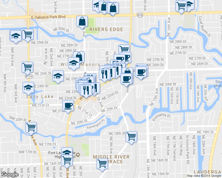 map of restaurants, bars, coffee shops, grocery stores, and more near 2285 Northeast 9th Avenue in Wilton Manors
