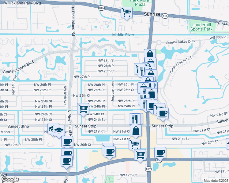 map of restaurants, bars, coffee shops, grocery stores, and more near 8480 Northwest 26th Street in Sunrise