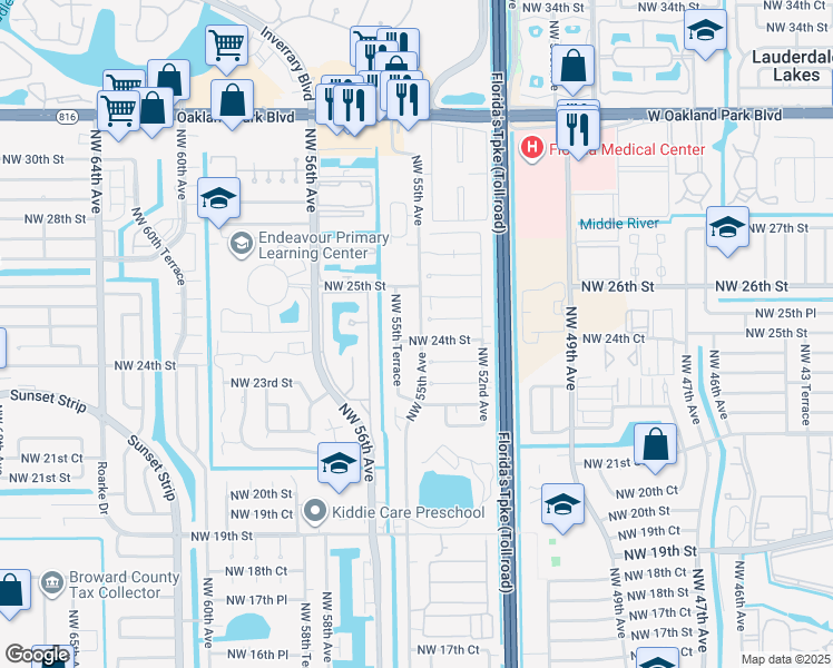 map of restaurants, bars, coffee shops, grocery stores, and more near 5501 Northwest 24th Street in Lauderhill
