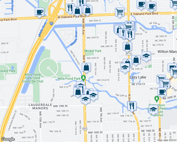 map of restaurants, bars, coffee shops, grocery stores, and more near 741 Northwest 23rd Street in Wilton Manors