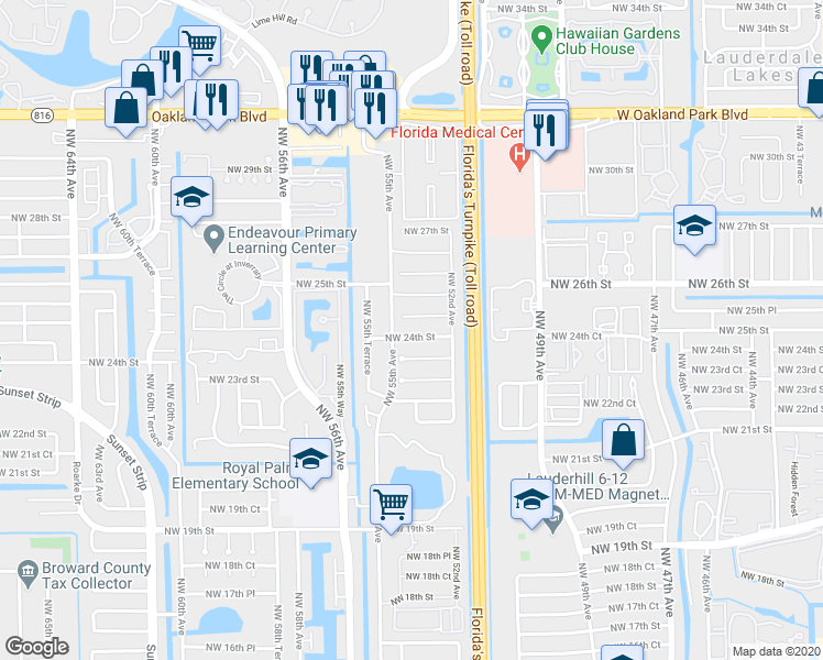 map of restaurants, bars, coffee shops, grocery stores, and more near 5307 Northwest 24th Street in Lauderhill