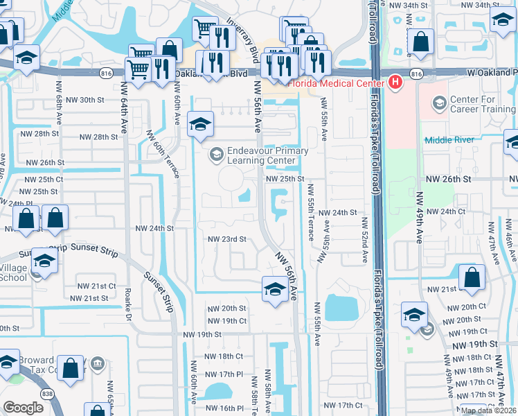 map of restaurants, bars, coffee shops, grocery stores, and more near 5623 Blueberry Court in Lauderhill