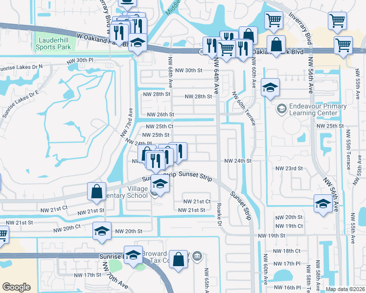 map of restaurants, bars, coffee shops, grocery stores, and more near 6681 Northwest 67th Avenue in Sunrise