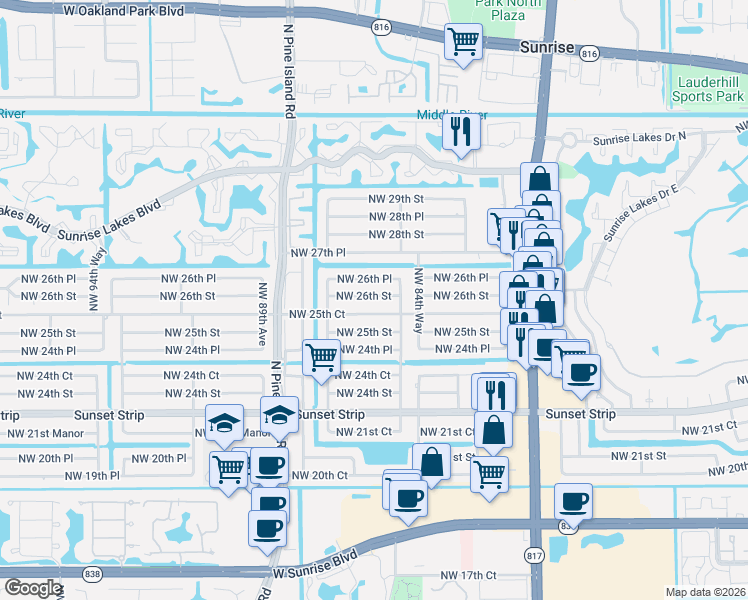 map of restaurants, bars, coffee shops, grocery stores, and more near 8520 Northwest 26th Street in Sunrise