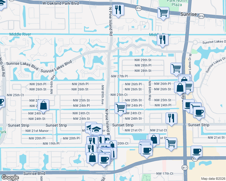map of restaurants, bars, coffee shops, grocery stores, and more near 2580 North Pine Island Road in Sunrise