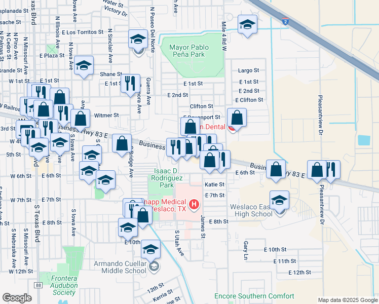 map of restaurants, bars, coffee shops, grocery stores, and more near 1400 East Expressway 83 in Weslaco
