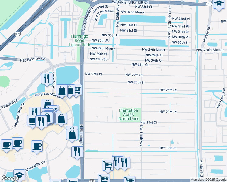 map of restaurants, bars, coffee shops, grocery stores, and more near 12060 NW 26th St in Plantation