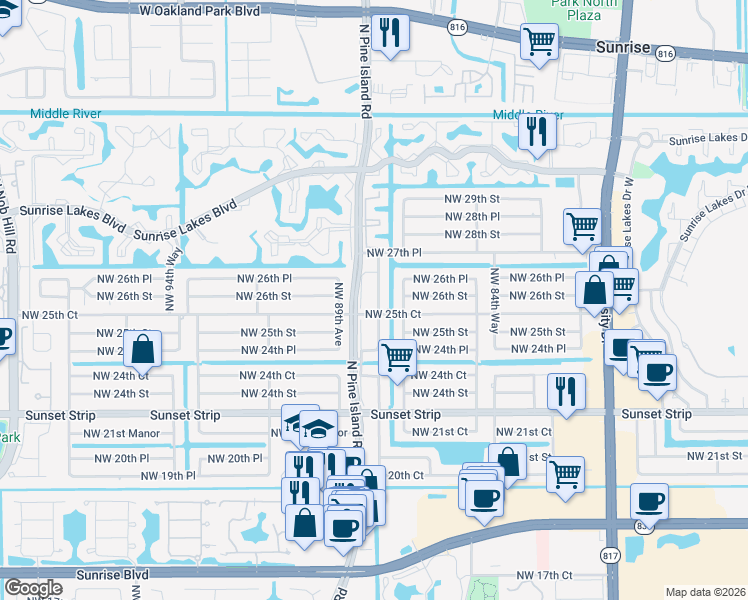 map of restaurants, bars, coffee shops, grocery stores, and more near 2580 North Pine Island Road in Sunrise