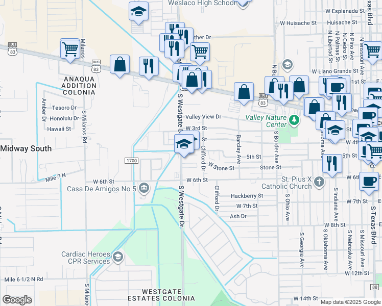 map of restaurants, bars, coffee shops, grocery stores, and more near 417 South Westgate Drive in Weslaco