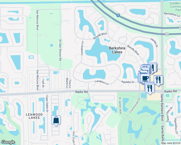 map of restaurants, bars, coffee shops, grocery stores, and more near 6685 Huntley Lane South in Naples
