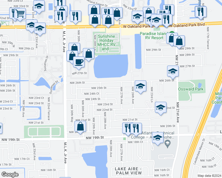map of restaurants, bars, coffee shops, grocery stores, and more near 2760 Northwest 25th Street in Fort Lauderdale