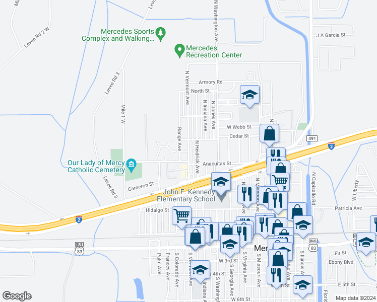 map of restaurants, bars, coffee shops, grocery stores, and more near 500 North Vermont Avenue in Mercedes