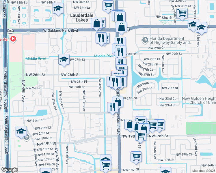 map of restaurants, bars, coffee shops, grocery stores, and more near 2401 Northwest 41st Avenue in Lauderhill