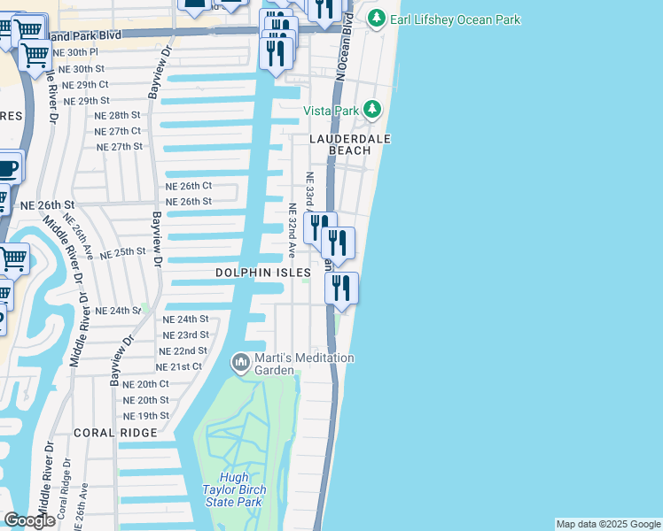 map of restaurants, bars, coffee shops, grocery stores, and more near North Ocean Boulevard in Oakland Park