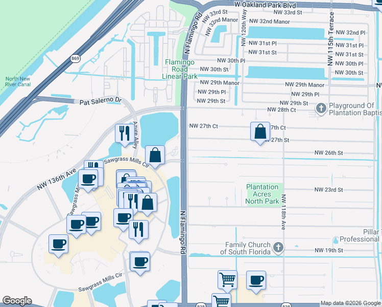 map of restaurants, bars, coffee shops, grocery stores, and more near 12360 Northwest 26th Street in Plantation