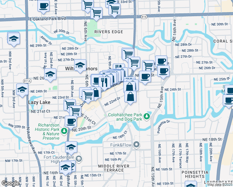 map of restaurants, bars, coffee shops, grocery stores, and more near 2291 Northeast 9th Avenue in Wilton Manors