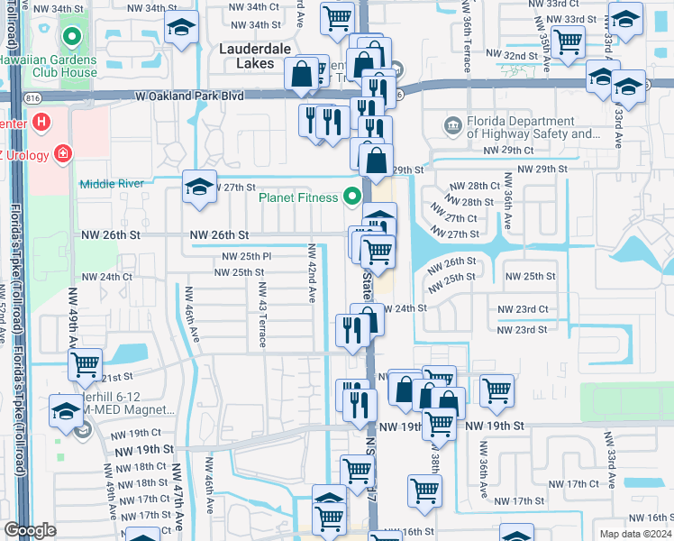 map of restaurants, bars, coffee shops, grocery stores, and more near 2420 Northwest 42nd Avenue in Lauderhill