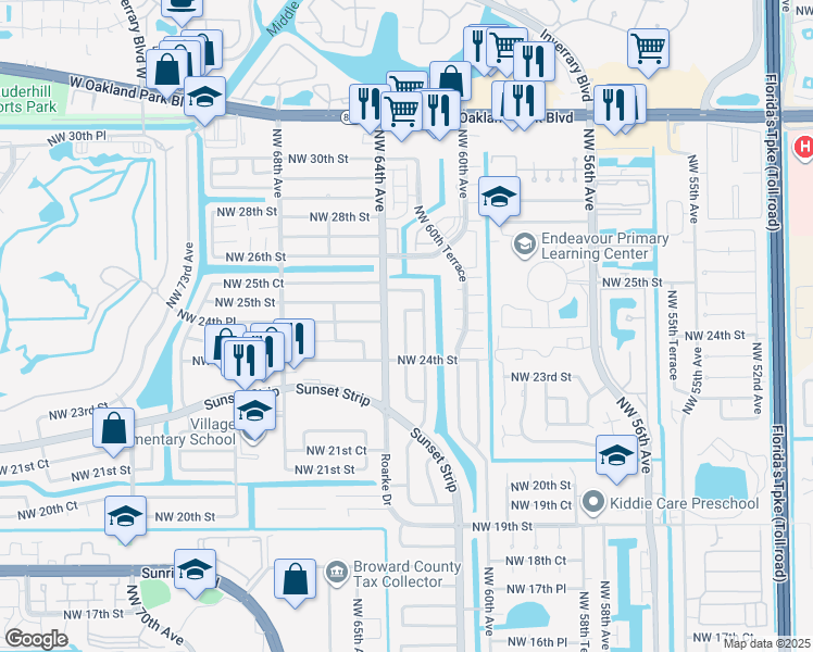map of restaurants, bars, coffee shops, grocery stores, and more near 2440 Northwest 64th Avenue in Sunrise
