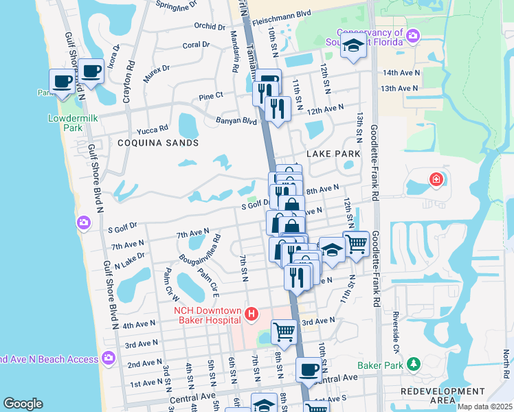 map of restaurants, bars, coffee shops, grocery stores, and more near 800 South Golf Drive in Naples