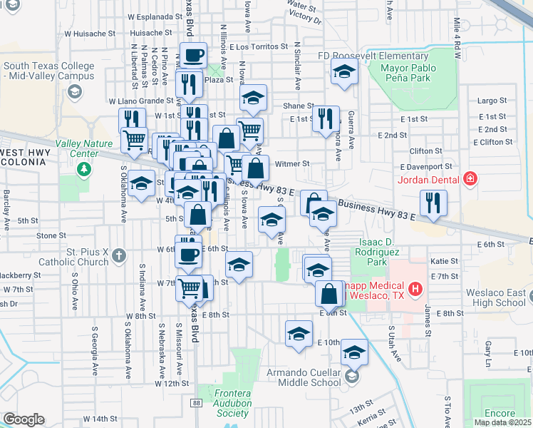 map of restaurants, bars, coffee shops, grocery stores, and more near 501 Michigan Avenue in Weslaco