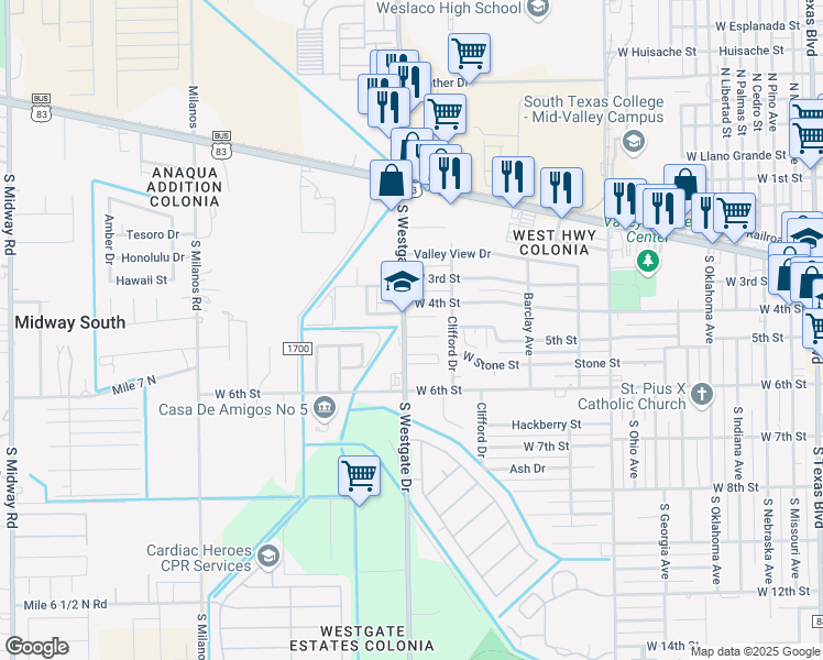 map of restaurants, bars, coffee shops, grocery stores, and more near 501 South Westgate Drive in Weslaco