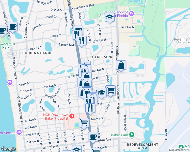 map of restaurants, bars, coffee shops, grocery stores, and more near 1055 7th Avenue North in Naples