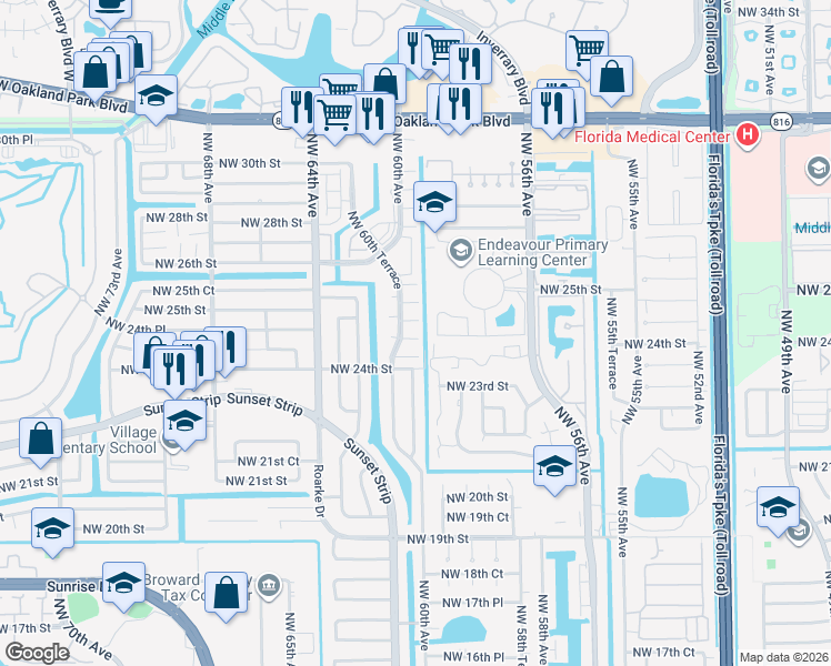 map of restaurants, bars, coffee shops, grocery stores, and more near 5955 Northwest 24th Court in Sunrise