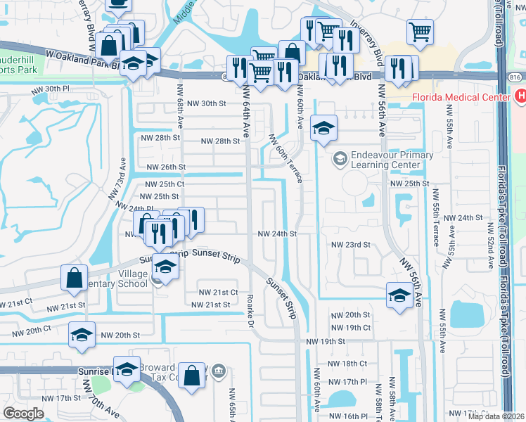 map of restaurants, bars, coffee shops, grocery stores, and more near 2440 Northwest 64th Avenue in Sunrise