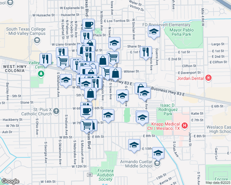 map of restaurants, bars, coffee shops, grocery stores, and more near 406 East 5th Street in Weslaco