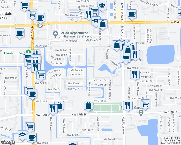 map of restaurants, bars, coffee shops, grocery stores, and more near 2700 Somerset Drive in Lauderdale Lakes
