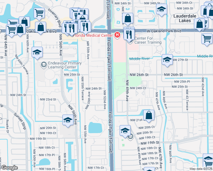map of restaurants, bars, coffee shops, grocery stores, and more near 2332 Northwest 52nd Avenue in Lauderhill