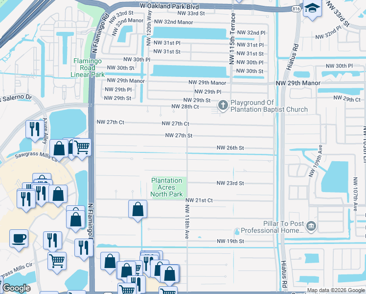 map of restaurants, bars, coffee shops, grocery stores, and more near 11890 Northwest 26th Street in Plantation