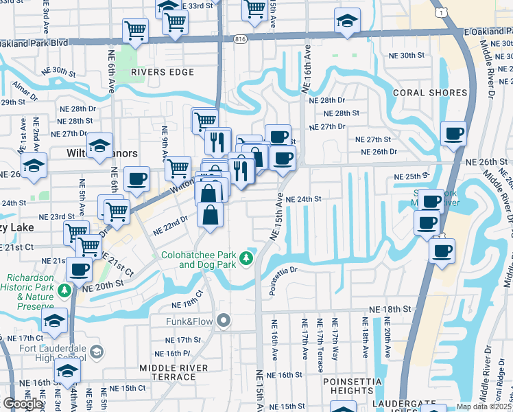 map of restaurants, bars, coffee shops, grocery stores, and more near 2300 Northeast 12th Road in Wilton Manors