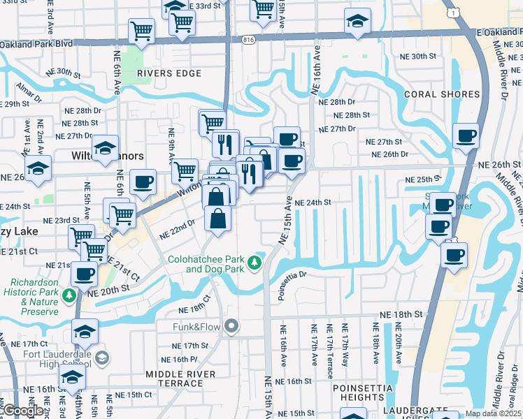 map of restaurants, bars, coffee shops, grocery stores, and more near 2300 Northeast 12th Road in Wilton Manors