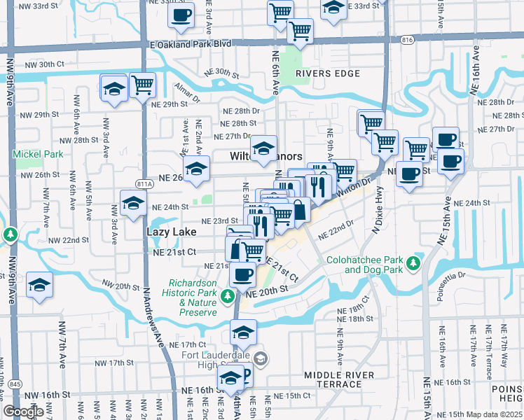 map of restaurants, bars, coffee shops, grocery stores, and more near 525 Northeast 23rd Street in Wilton Manors