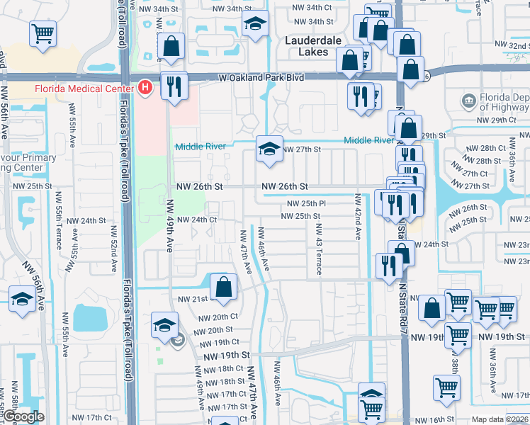 map of restaurants, bars, coffee shops, grocery stores, and more near 4520 Northwest 25th Street in Lauderhill