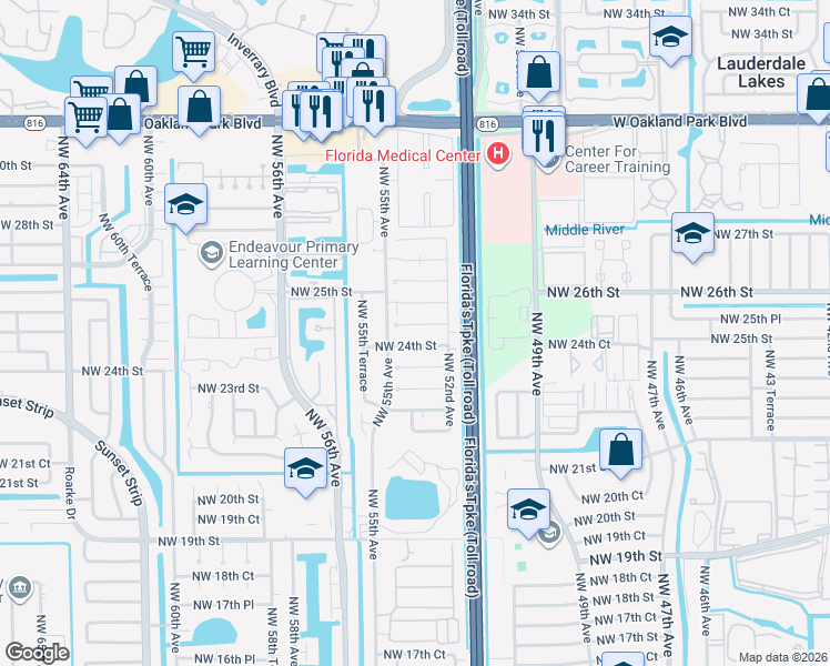 map of restaurants, bars, coffee shops, grocery stores, and more near 5307 Northwest 24th Street in Lauderhill