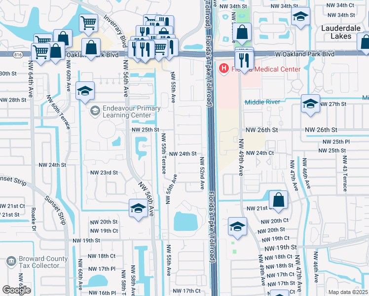 map of restaurants, bars, coffee shops, grocery stores, and more near 5307 Northwest 24th Street in Lauderhill
