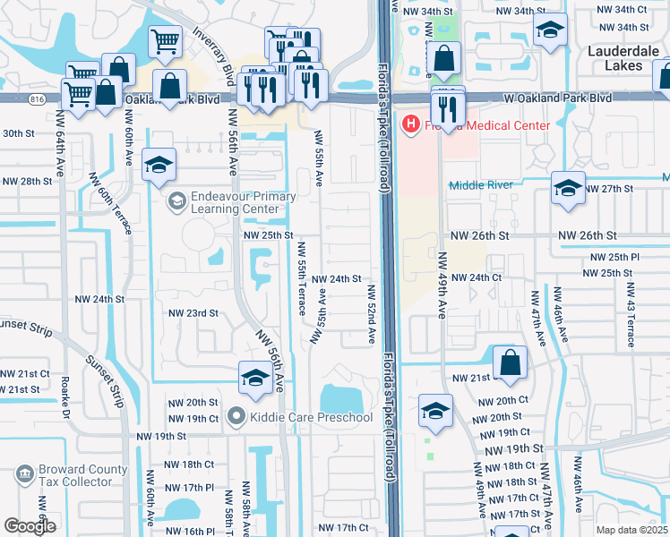 map of restaurants, bars, coffee shops, grocery stores, and more near 5307 Northwest 24th Street in Lauderhill