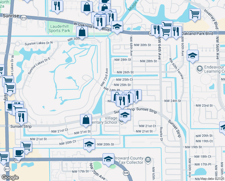 map of restaurants, bars, coffee shops, grocery stores, and more near 7151 Northwest 24th Court in Sunrise