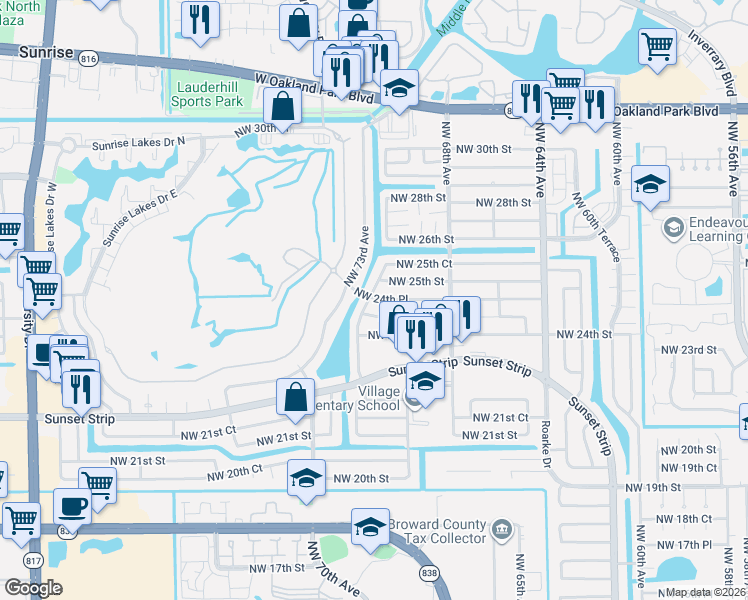 map of restaurants, bars, coffee shops, grocery stores, and more near 7151 Northwest 24th Court in Sunrise