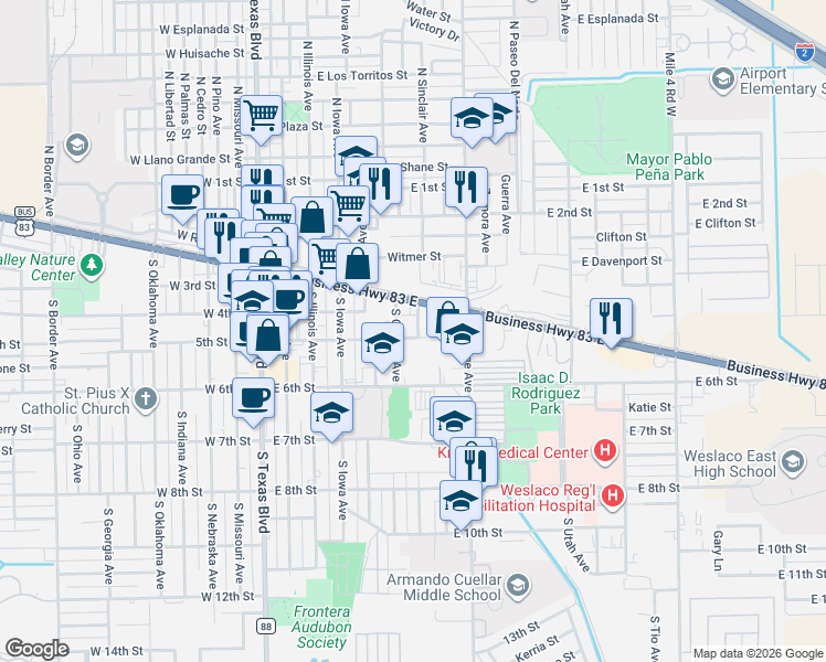 map of restaurants, bars, coffee shops, grocery stores, and more near 521 East 5th Street in Weslaco