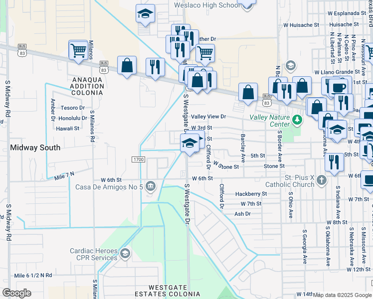 map of restaurants, bars, coffee shops, grocery stores, and more near 501 South Westgate Drive in Weslaco